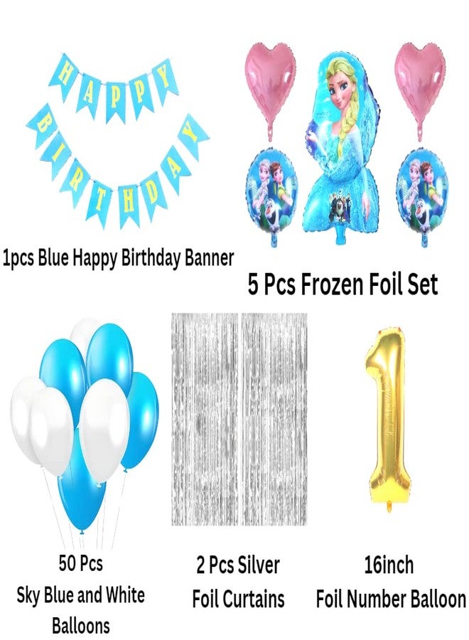 Flyloons 1st Frozen Elsa theme birthday decoration items for Girls Boys kids baby girl with Elsa Foil Balloon,Light Pink Star Foil,Sky Blue White Balloons,Silver Foil Curtains,Foil Balloon number 1 - Image 2
